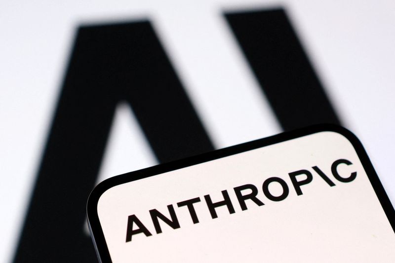 A smartphone screen displays the word "ANTHROPIC" in bold letters with a large blurred logo in the background, suggesting a connection to the company or website