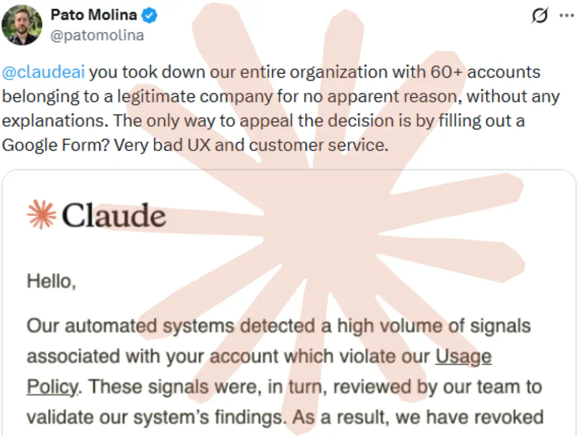 A tweet from Pato Molina criticizes Claude for taking down an organization with over 60 accounts, claiming it was done without explanation and suggesting filing