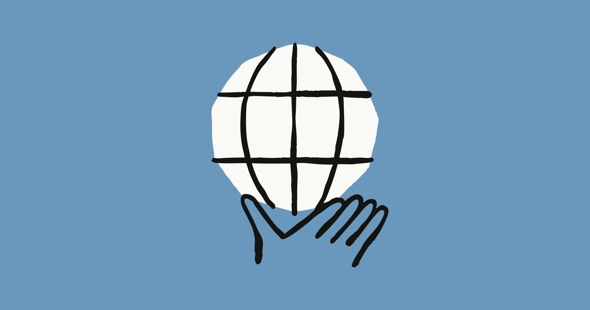 A hand is holding a white spherical object with black grid lines, set against a blue background, evoking a connection to Earth's globe or international symbolis