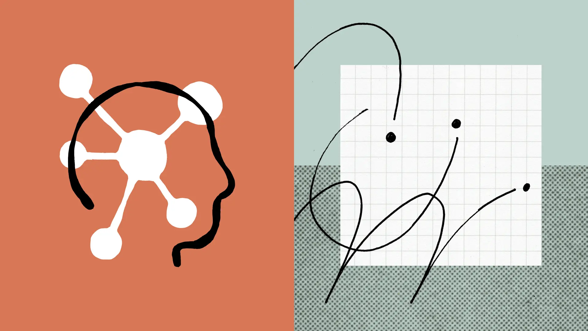 A graphic illustration featuring a stylized silhouette of a human head with neural network connections on the left and a playful abstract drawing of a face with