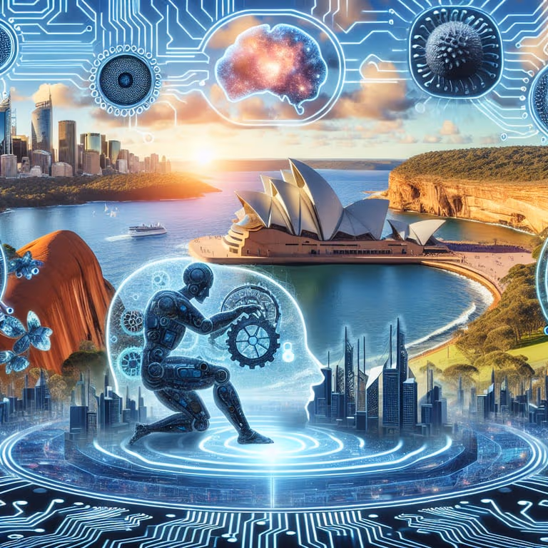 A futuristic digital rendering depicts a hybrid of Sydney landmarks and advanced technology, featuring a humanoid robot interacting with digital gears amid the 