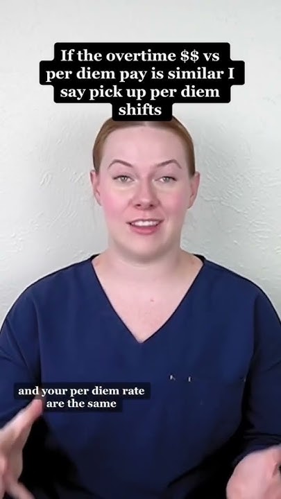 A woman wearing a navy blue uniform speaks in front of a plain wall, with black text bubbles above and below her face explaining a comparison between overtime p