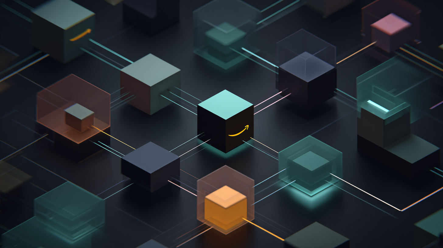 A digital illustration features interconnected cubes with glowing lines, some with Amazon logos, representing cloud computing and AI concepts related to Anthrop