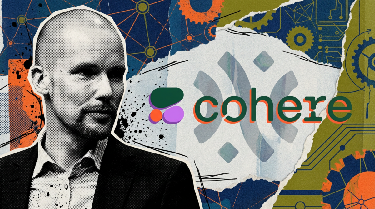 A monochrome portrait of a man in a suit is overlaid with the Cohere logo, set against a colorful background featuring interconnected gears, circuits, and neura