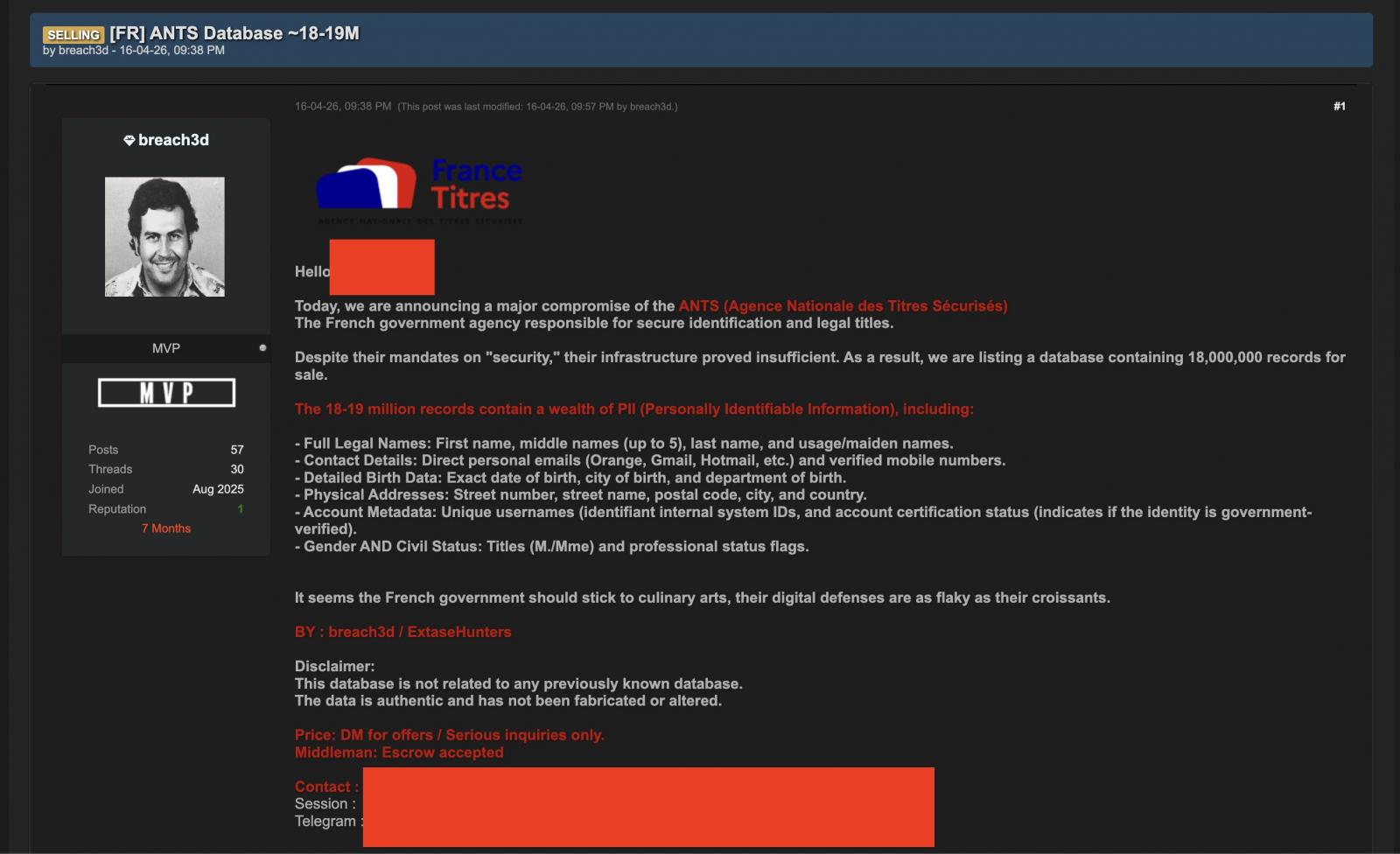 A screenshot of a dark-themed online forum post announcing a major data breach by the French government agency ANTS, revealing the sale of 18-19 million records
