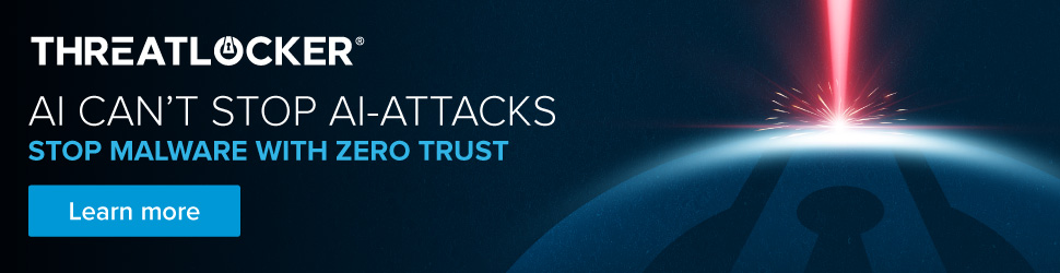A digital graphic featuring the ThreatLocker logo and slogan "AI can’t stop AI-attacks," with a visual of a red laser beam piercing through a globe-shaped surfa