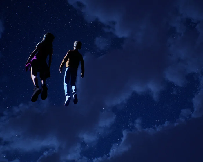 Two children appear to be floating or flying through a starry night sky with dark clouds around them.