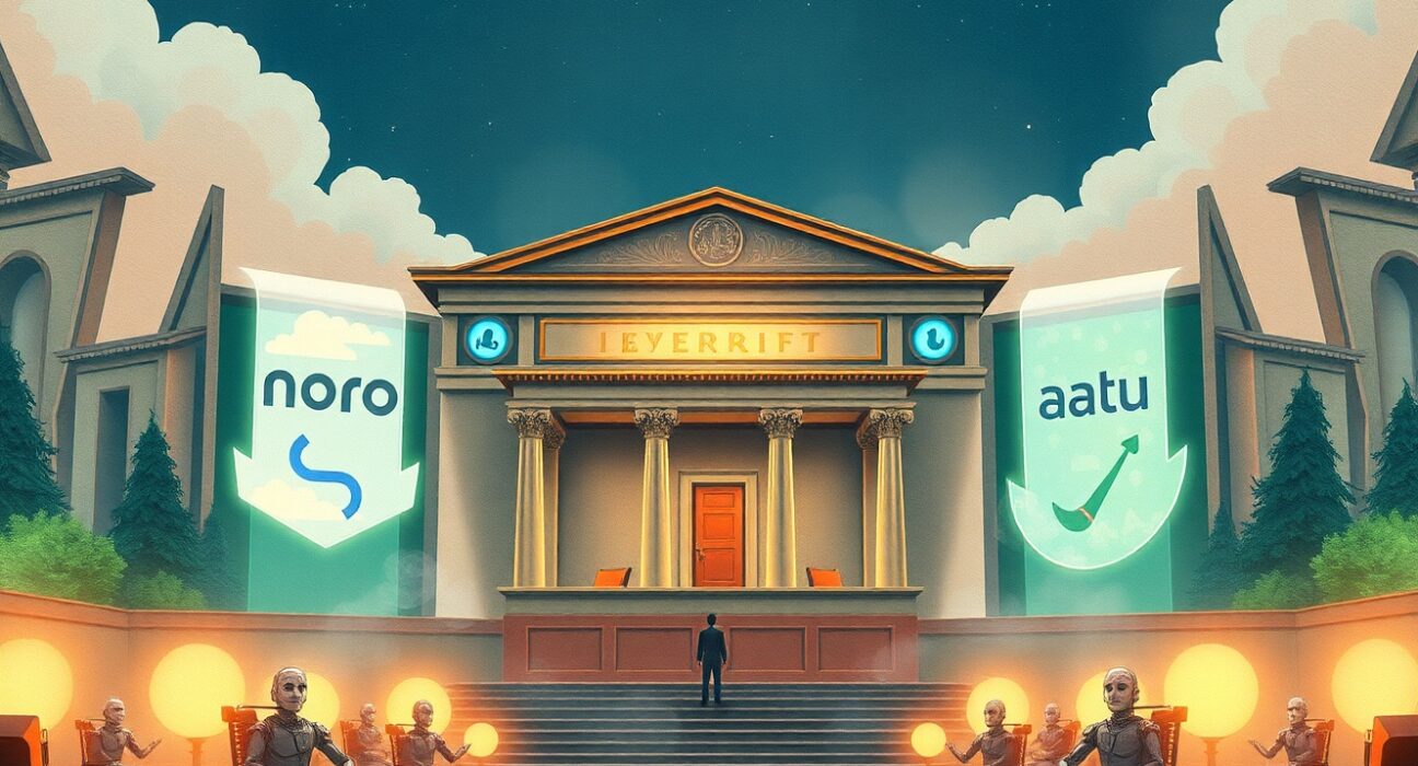 A person stands before a classical government-style building labeled "LayerX" with large digital screens displaying logos of Noro and Aatu, while humanoid robot