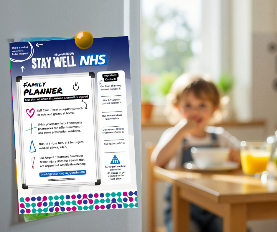 A child smiling while eating breakfast is seen in the background, with a digital NHS family planner displayed prominently in the foreground.