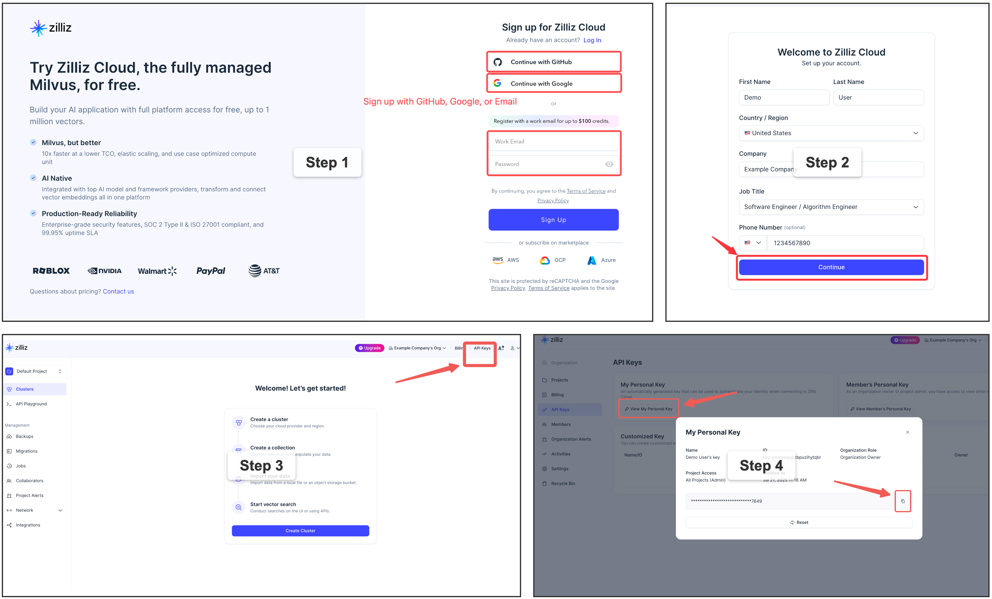 A step-by-step guide displays the process of signing up for Zilliz Cloud, creating API keys, and managing personal keys within GitHub, with labels indicating ea