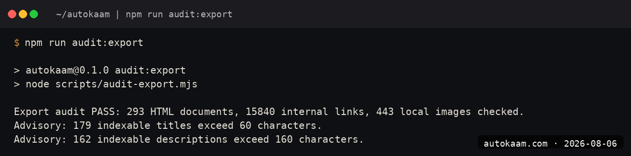 Terminal output from the static export audit